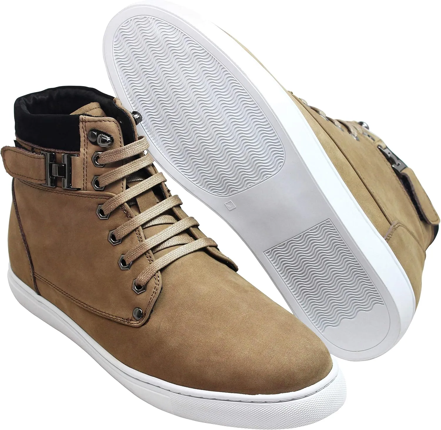 CALTO Men's Invisible Height Increasing Elevator Shoes - Tan Brown Nubuck Leather Lace-up Fashion Sneakers - 2.6 Inches Taller - T53121 - Size 11 D(M) US