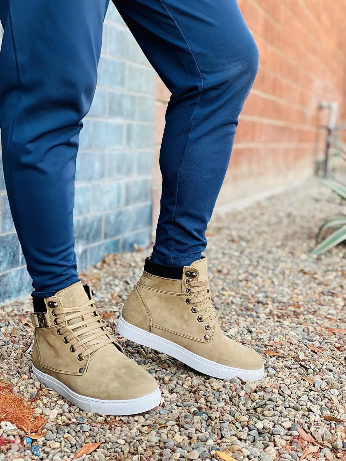 CALTO Men's Invisible Height Increasing Elevator Shoes - Tan Brown Nubuck Leather Lace-up Fashion Sneakers - 2.6 Inches Taller - T53121 - Size 11 D(M) US