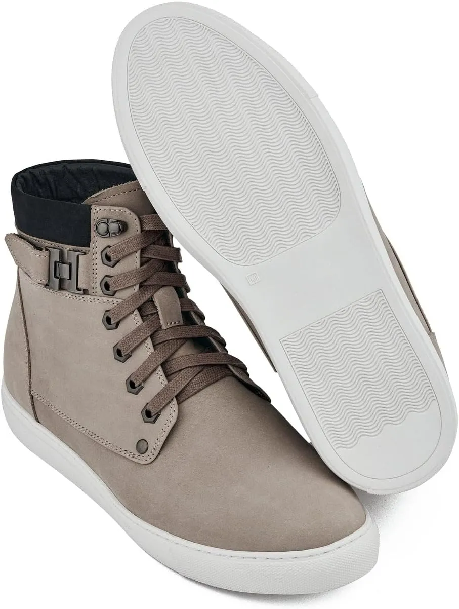CALTO Men's Invisible Height Increasing Elevator Shoes - Taupe Nubuck Leather Lace-up Fashion Sneakers - 2.6 Inches Taller - T53122 - Size 9 D(M) US