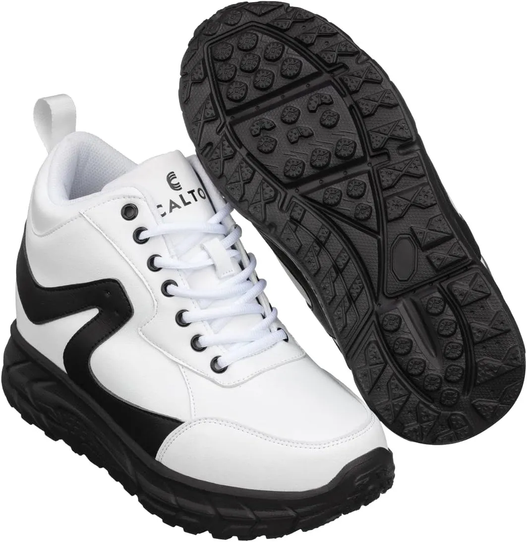 CALTO Men's Invisible Height Increasing Elevator Shoes - White/Black Lace-up High-Top Hiking Style Sneaker Boots - 4 Inches Taller - S22773 - Size 8 D(M) US