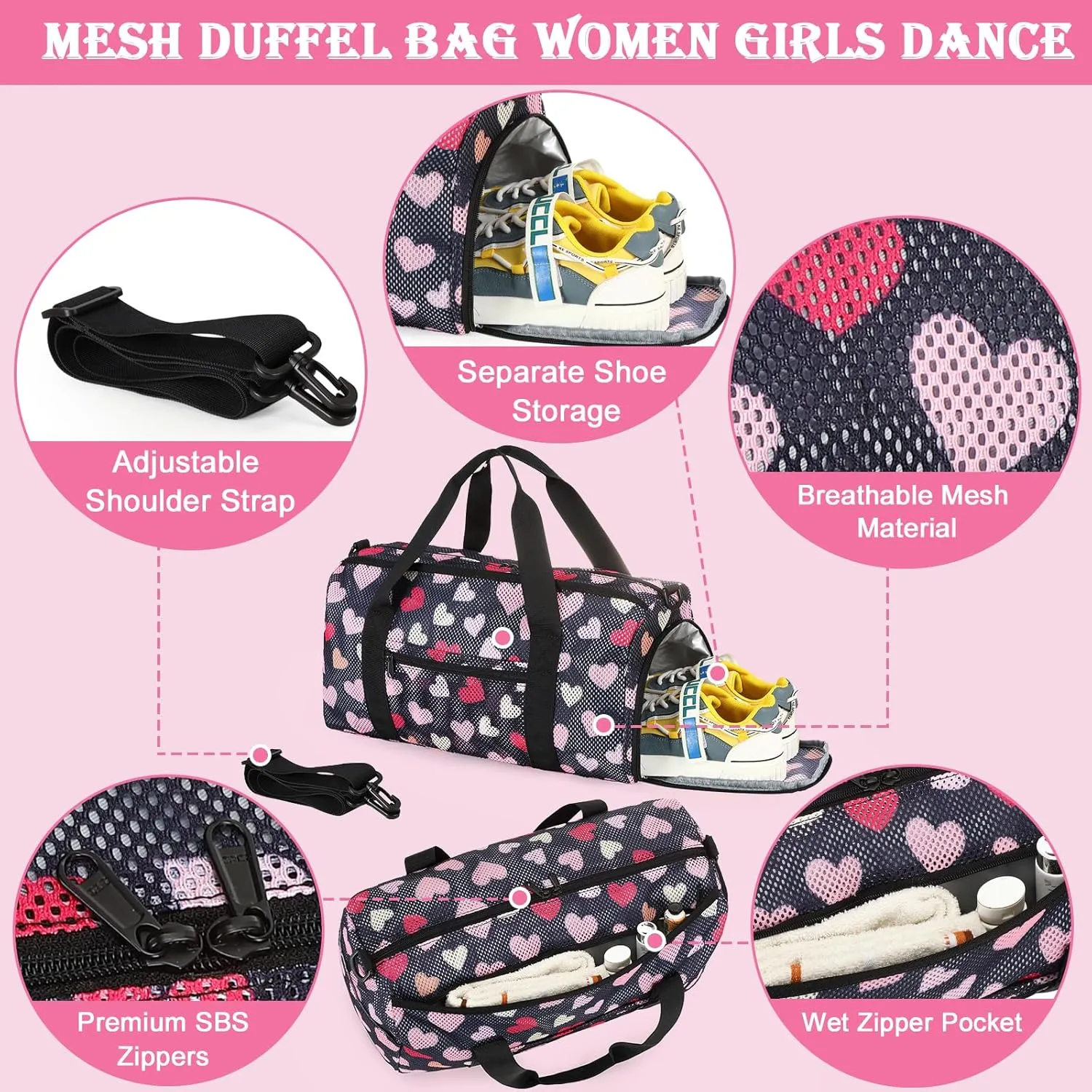 CAMTOP Duffle Bag for Travel Kids Small Overnight Weekender Sleepover Mesh bag Carry On Dance Sport Bag with Shoe Compartment & Wet pocket for Swim Beach Camp Travel (Heart-Black)