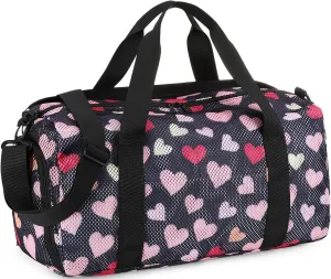 CAMTOP Duffle Bag for Travel Kids Small Overnight Weekender Sleepover Mesh bag Carry On Dance Sport Bag with Shoe Compartment & Wet pocket for Swim Beach Camp Travel (Heart-Black)