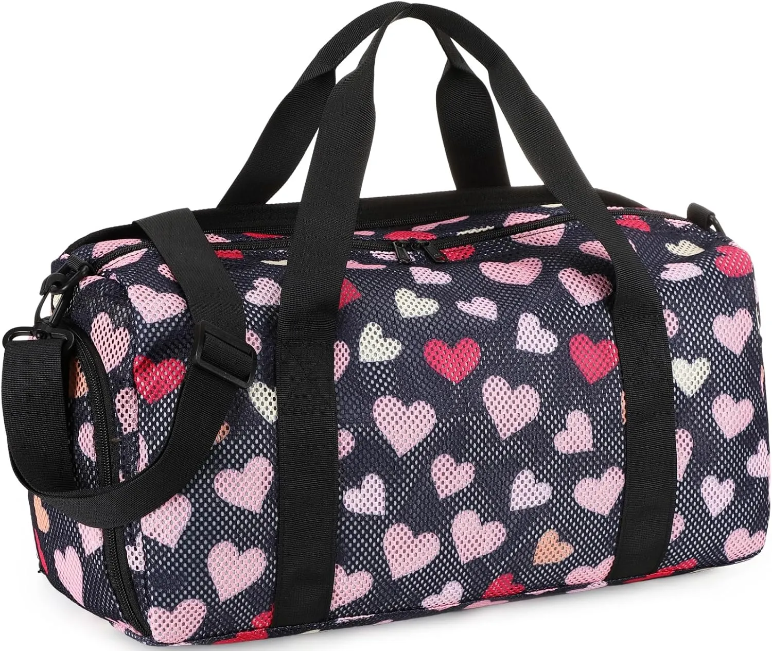 CAMTOP Duffle Bag for Travel Kids Small Overnight Weekender Sleepover Mesh bag Carry On Dance Sport Bag with Shoe Compartment & Wet pocket for Swim Beach Camp Travel (Heart-Black)