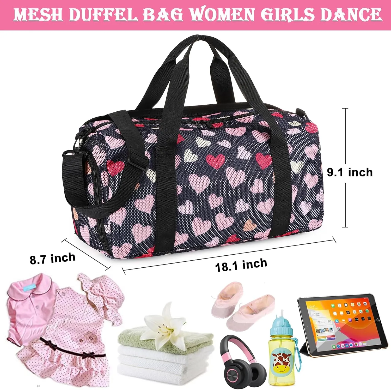 CAMTOP Duffle Bag for Travel Kids Small Overnight Weekender Sleepover Mesh bag Carry On Dance Sport Bag with Shoe Compartment & Wet pocket for Swim Beach Camp Travel (Heart-Black)