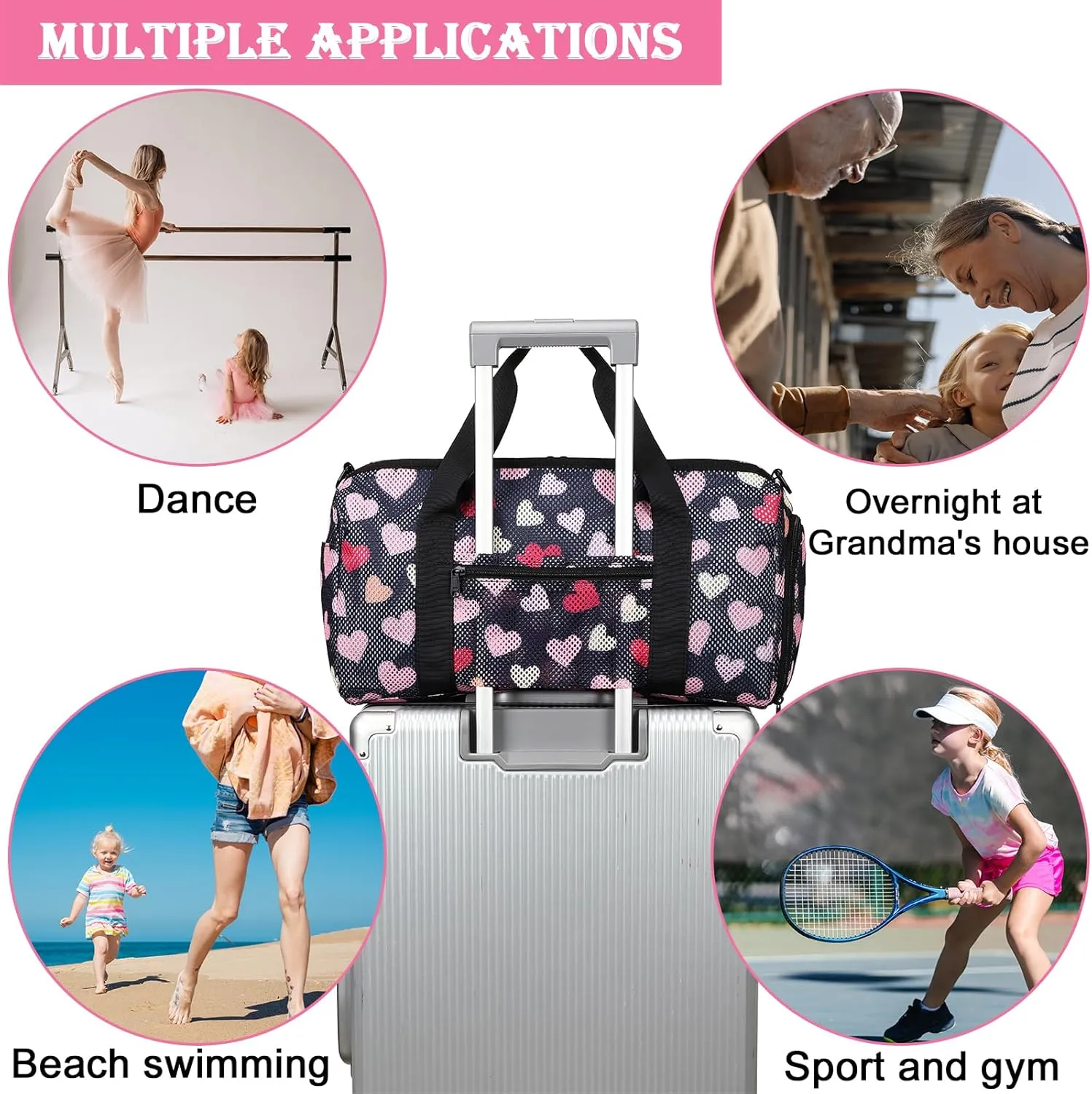 CAMTOP Duffle Bag for Travel Kids Small Overnight Weekender Sleepover Mesh bag Carry On Dance Sport Bag with Shoe Compartment & Wet pocket for Swim Beach Camp Travel (Heart-Black)