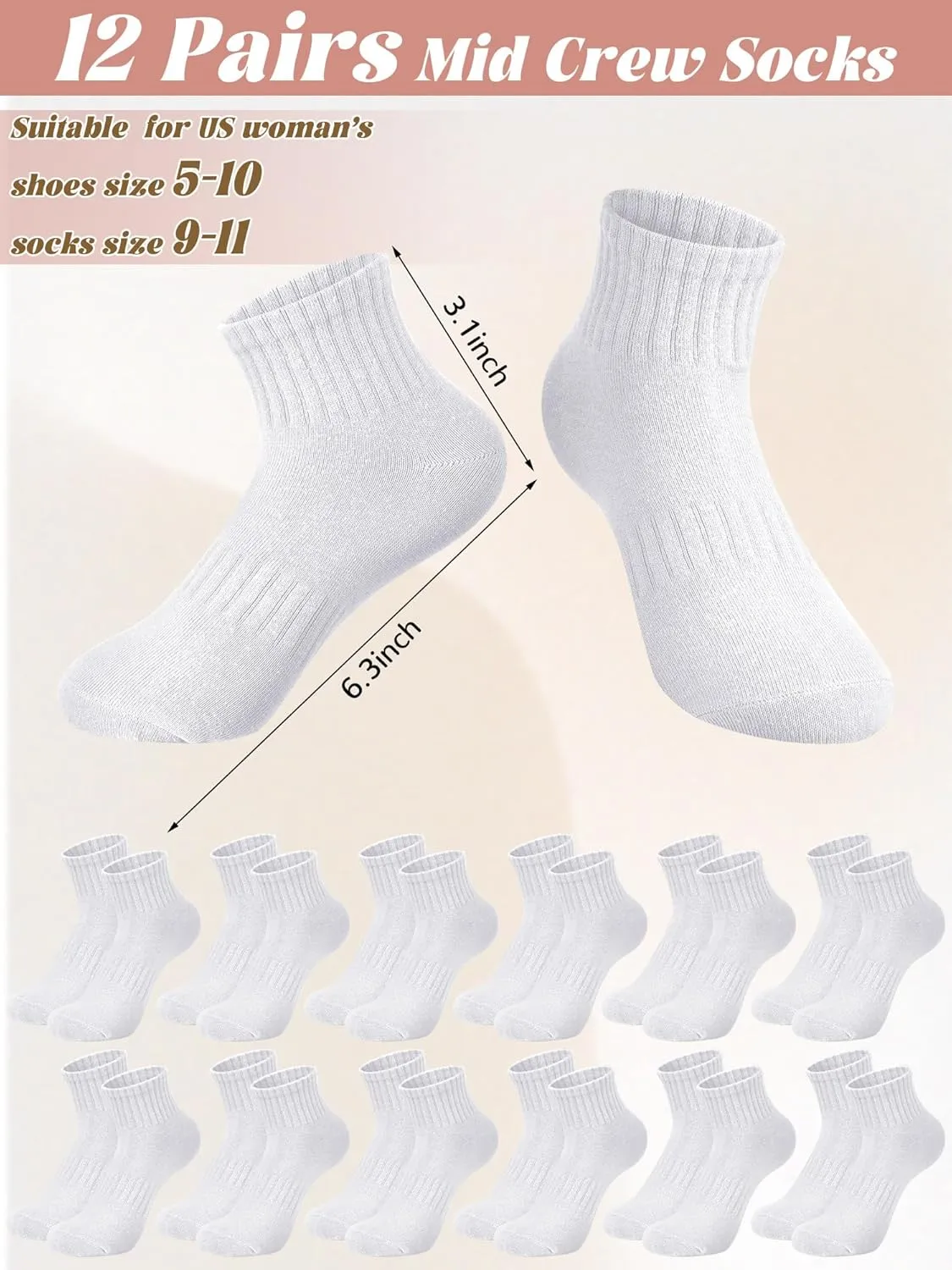 Chuarry 12 Pair Mini Crew Socks for Women Cotton Quarter Low Cut Ankle Socks Soft Breathable for Tennis Athletic Golf Running