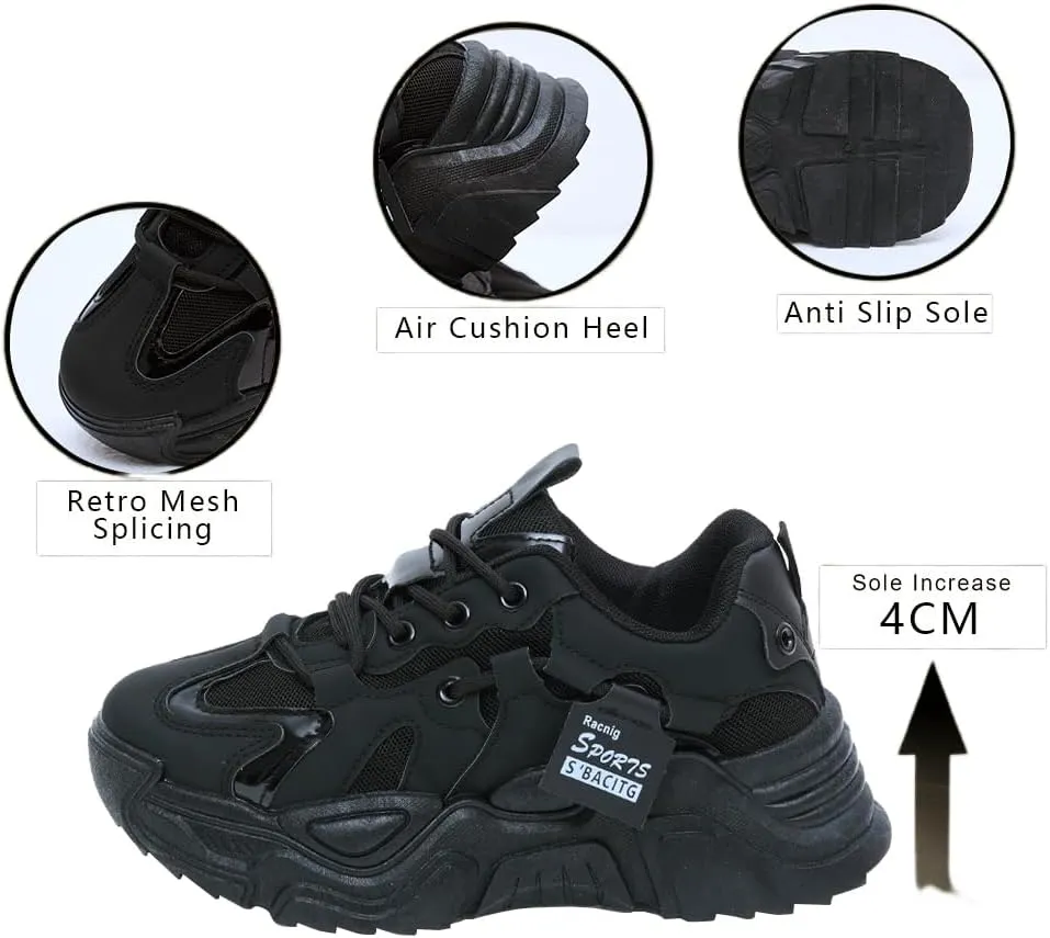 Chunky Sneakers for Women,Anti Slip Fashionable Retro Height Increasing Lace up Shoes,Breathable Verastile Casual Style