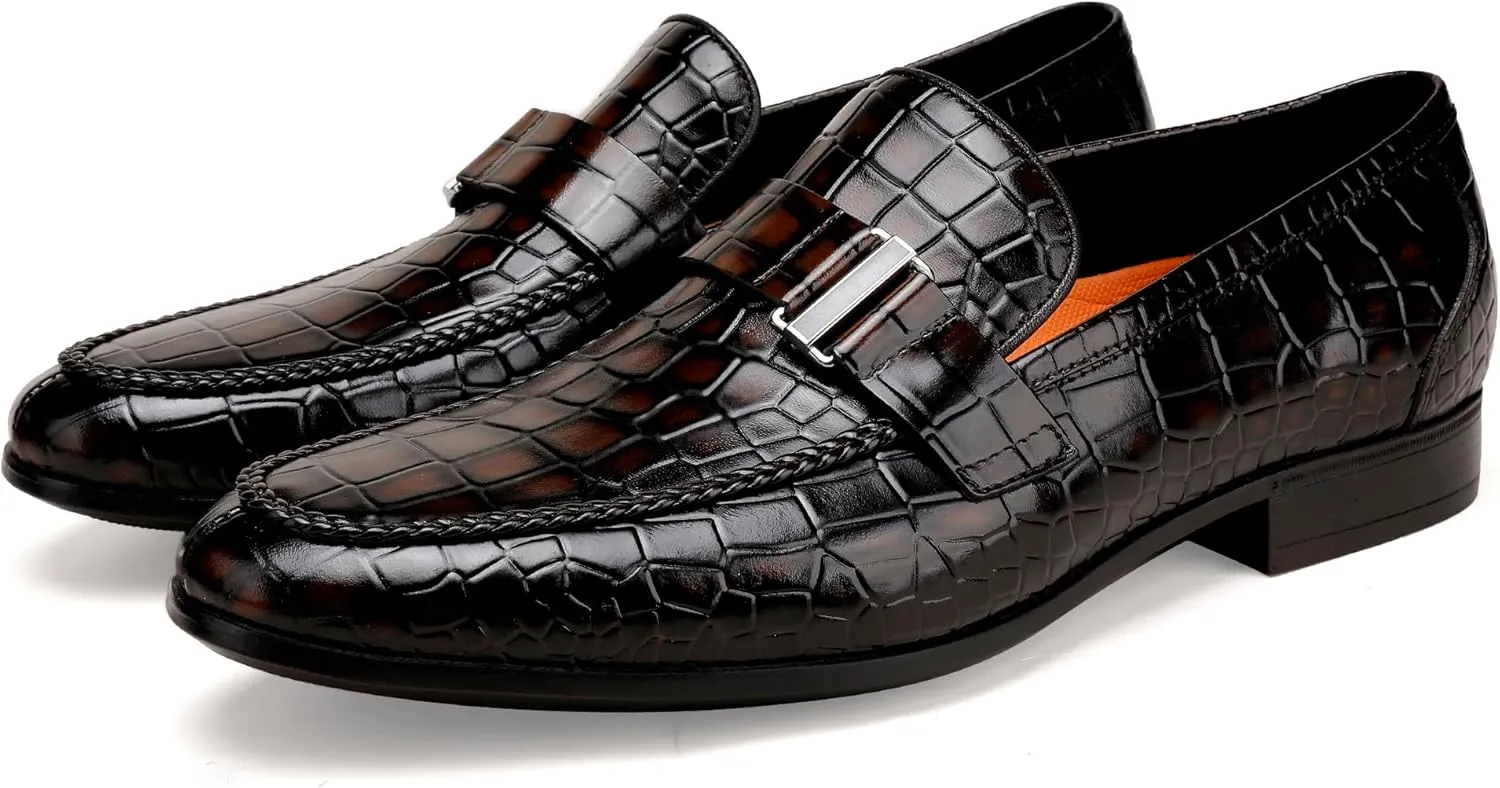 Classic Leather Dress Shoes for Men, Premium Alligator Printed Bussiness Dress Slip on Loafer for Mens