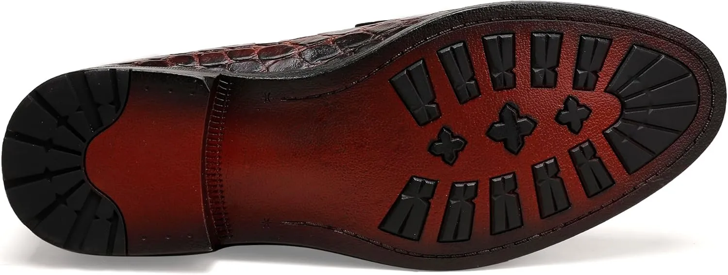 Classic Mens Leather Dress Shoes, Luxury Crocodile Printed Slip on Loafer with Matel Buckle Penny Shoes for Mens