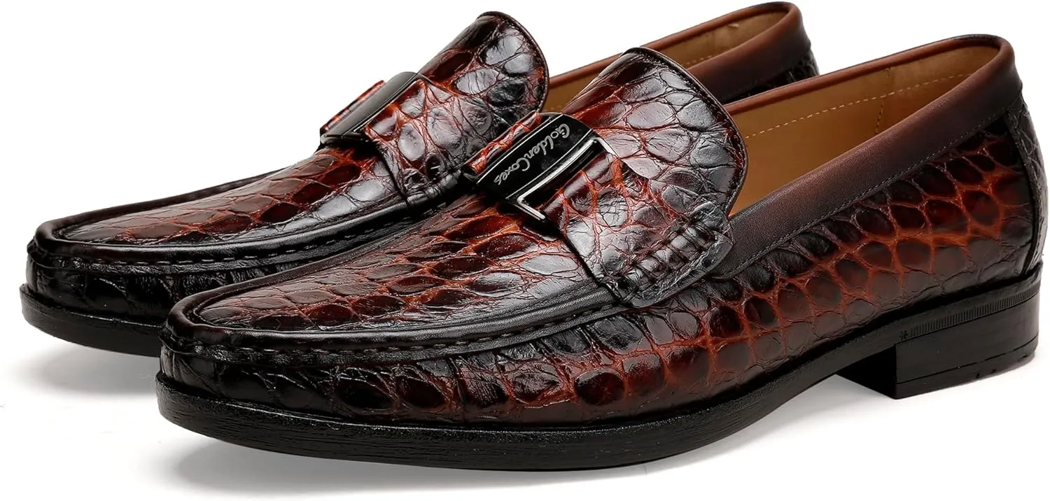 Classic Mens Leather Dress Shoes, Luxury Crocodile Printed Slip on Loafer with Matel Buckle Penny Shoes for Mens