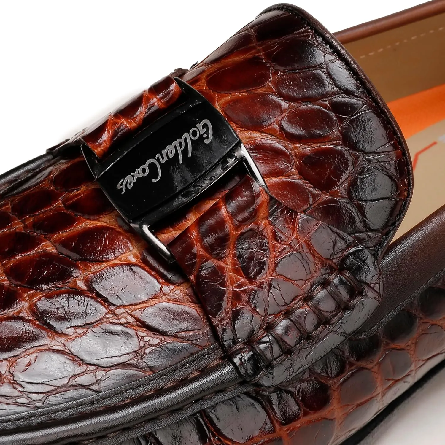Classic Mens Leather Dress Shoes, Luxury Crocodile Printed Slip on Loafer with Matel Buckle Penny Shoes for Mens