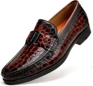 Classic Mens Leather Dress Shoes, Luxury Crocodile Printed Slip on Loafer with Matel Buckle Penny Shoes for Mens