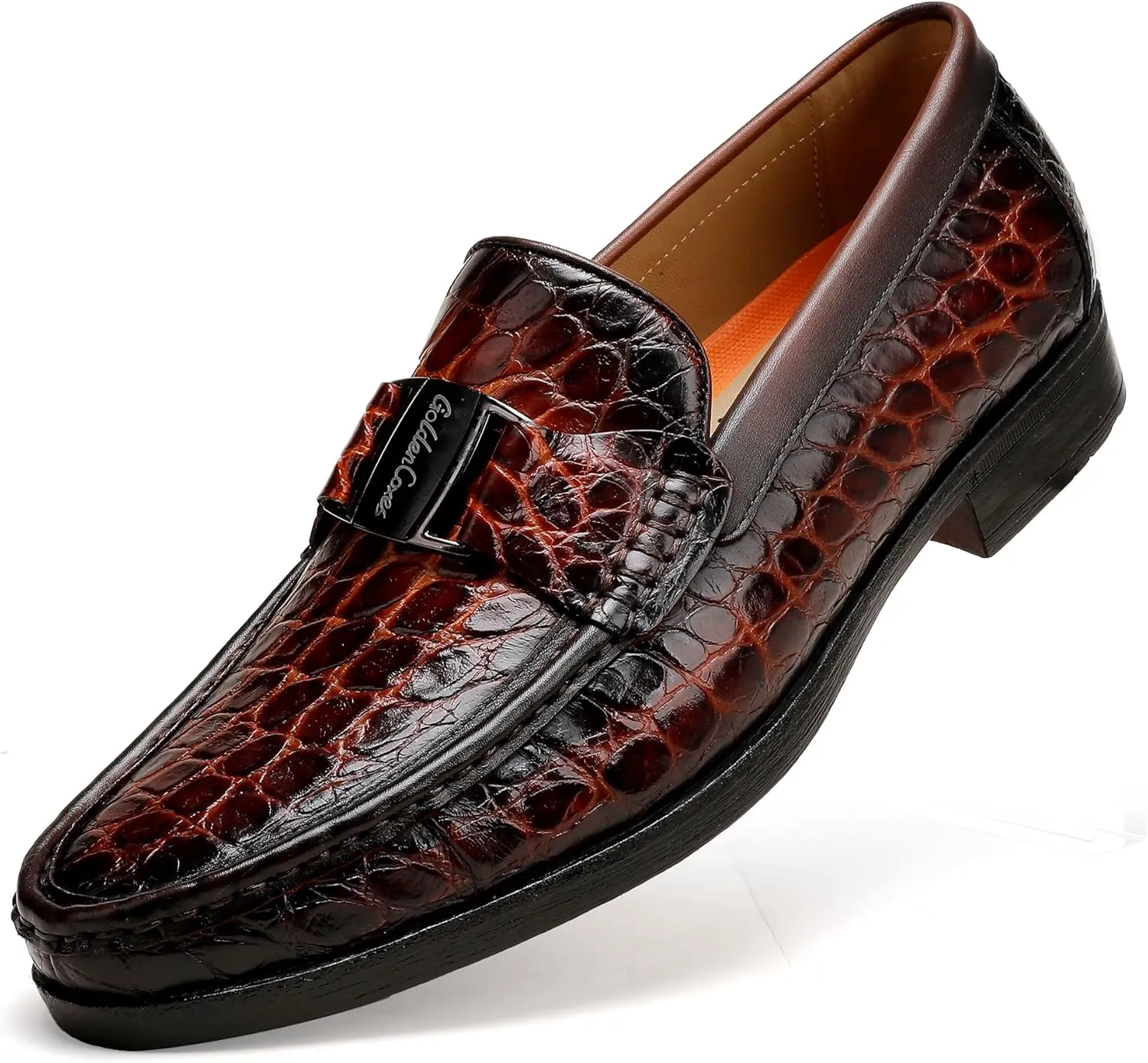 Classic Mens Leather Dress Shoes, Luxury Crocodile Printed Slip on Loafer with Matel Buckle Penny Shoes for Mens