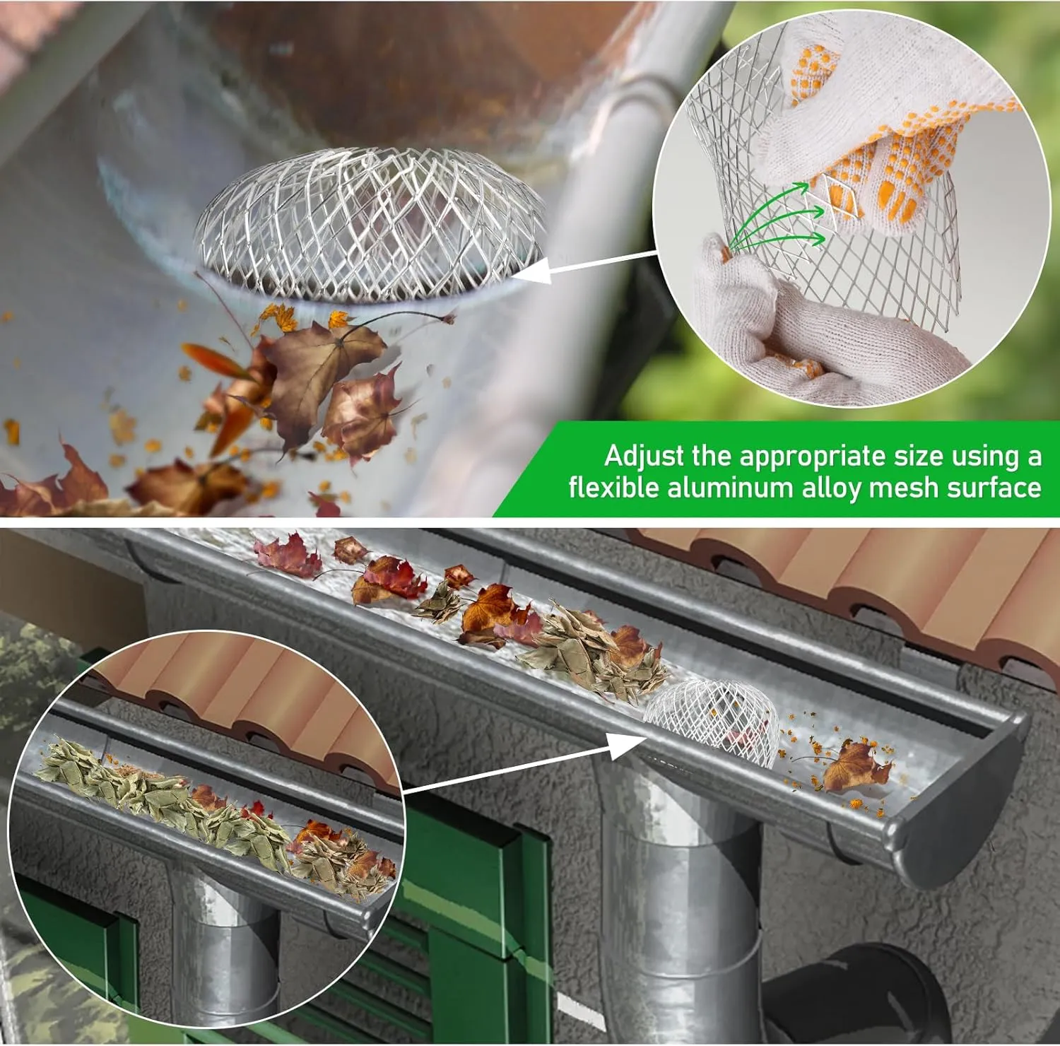 CONLI 16 Pack Aluminum Mesh Gutter Guard, Expandable Downspout Filter Gutter Downspout Guard Protectors for Preventing Blockage from Leaves and Debris
