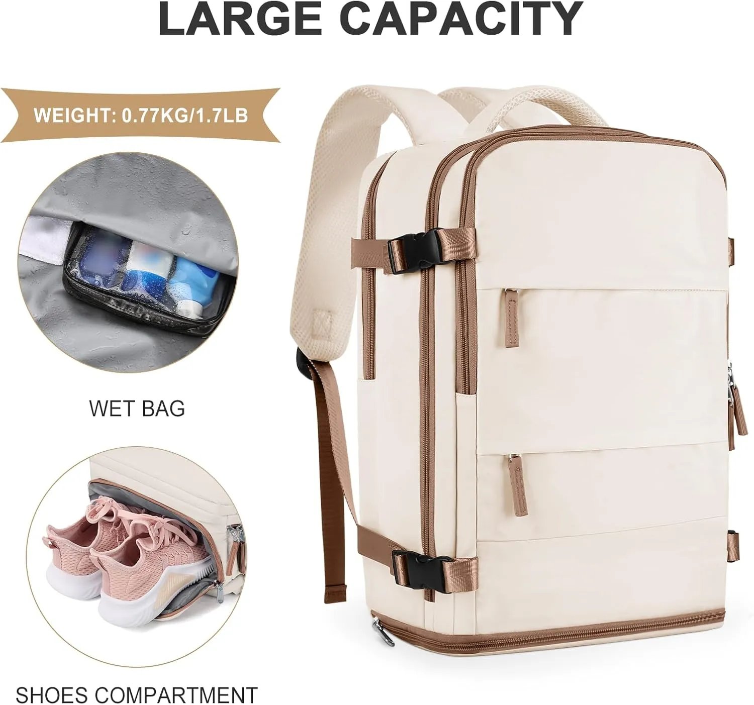 coowoz Large Travel Backpack For Women Men,Carry On Backpack,Hiking Backpack Outdoor Sports Rucksack Casual Daypack travel essentials(Beige Brown)