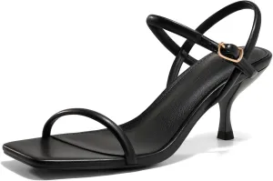 Coutgo Womens Strappy Kitten Heels Open Square Toe Sandals Buckle Ankle Strap Summer Dress Shoes