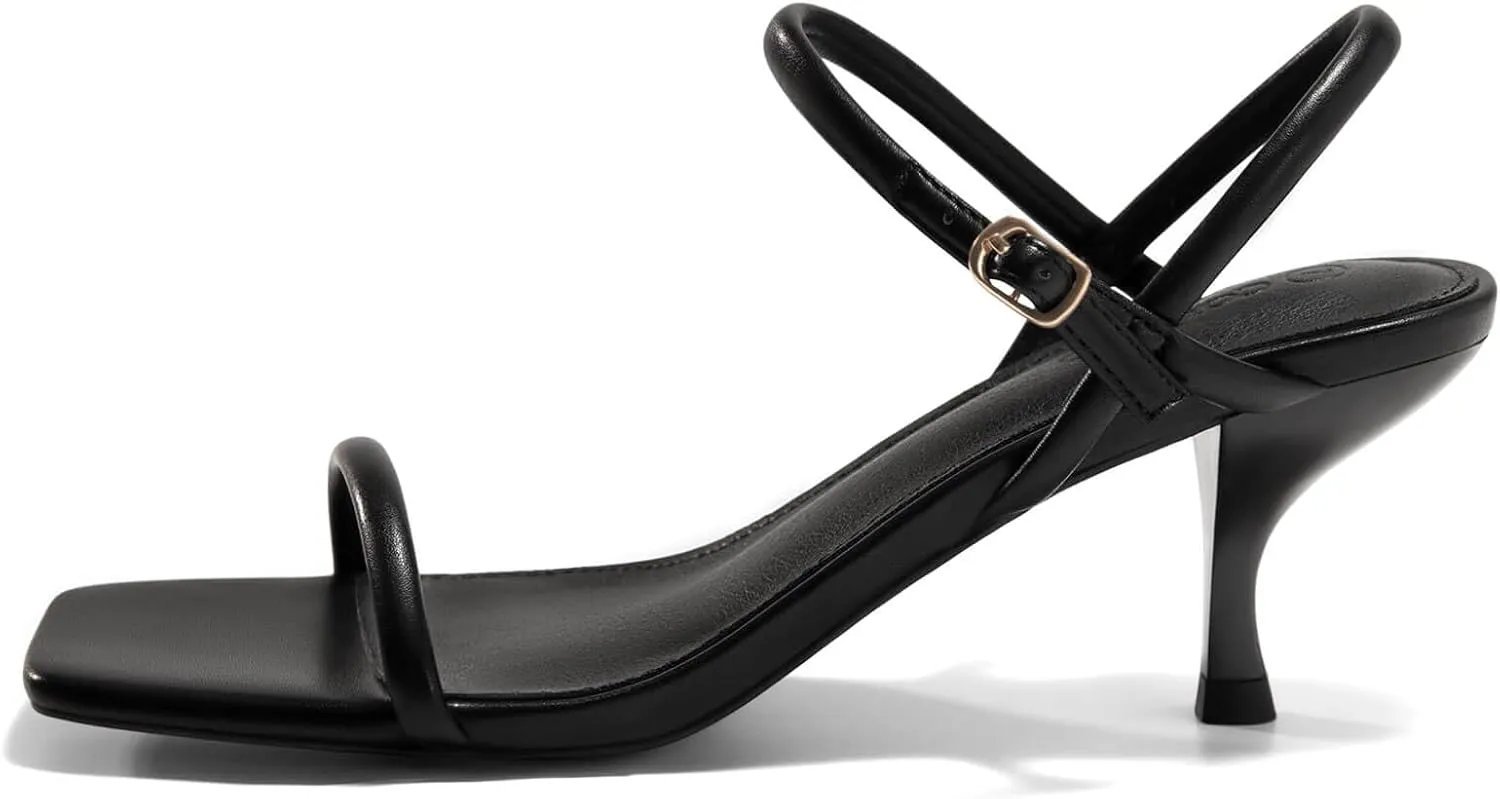 Coutgo Womens Strappy Kitten Heels Open Square Toe Sandals Buckle Ankle Strap Summer Dress Shoes