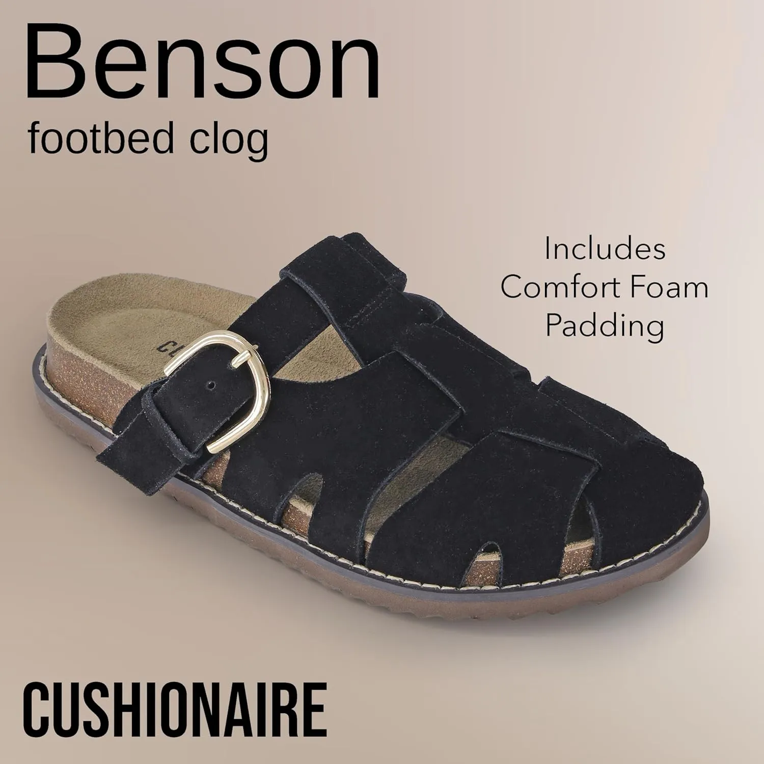 CUSHIONAIRE Benson Women’s Fisherman Clog – Suede Slip-On Sandal with Adjustable Buckle & Contoured Cork Footbed