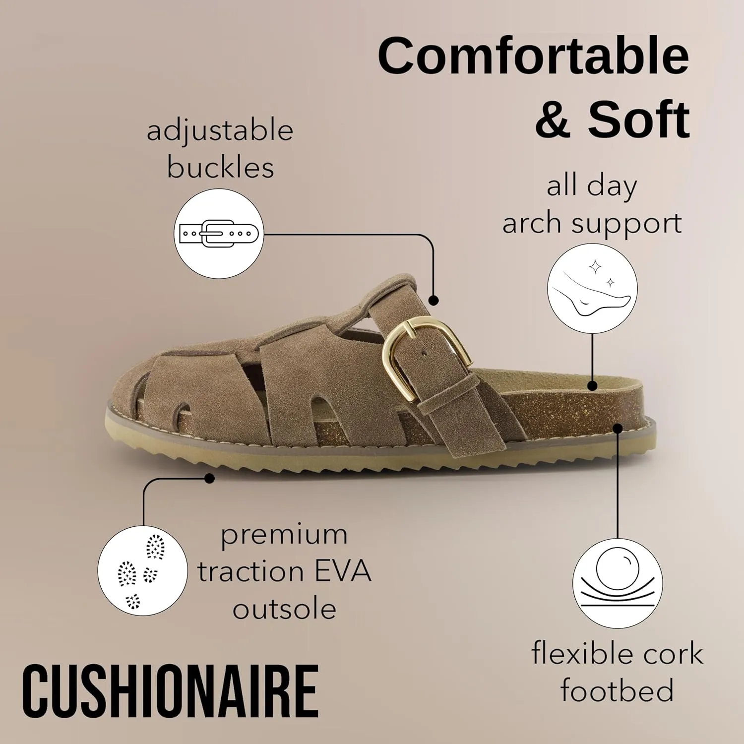 CUSHIONAIRE Benson Women’s Fisherman Clog – Suede Slip-On Sandal with Adjustable Buckle & Contoured Cork Footbed