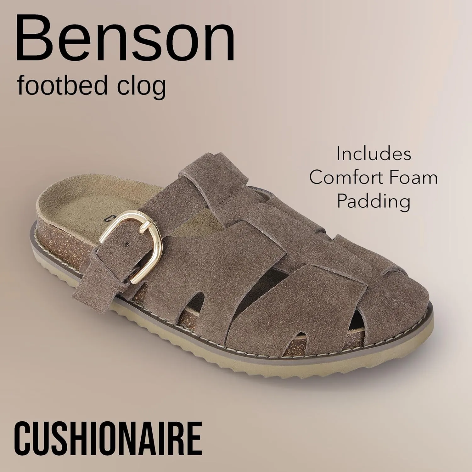 CUSHIONAIRE Benson Women’s Fisherman Clog – Suede Slip-On Sandal with Adjustable Buckle & Contoured Cork Footbed
