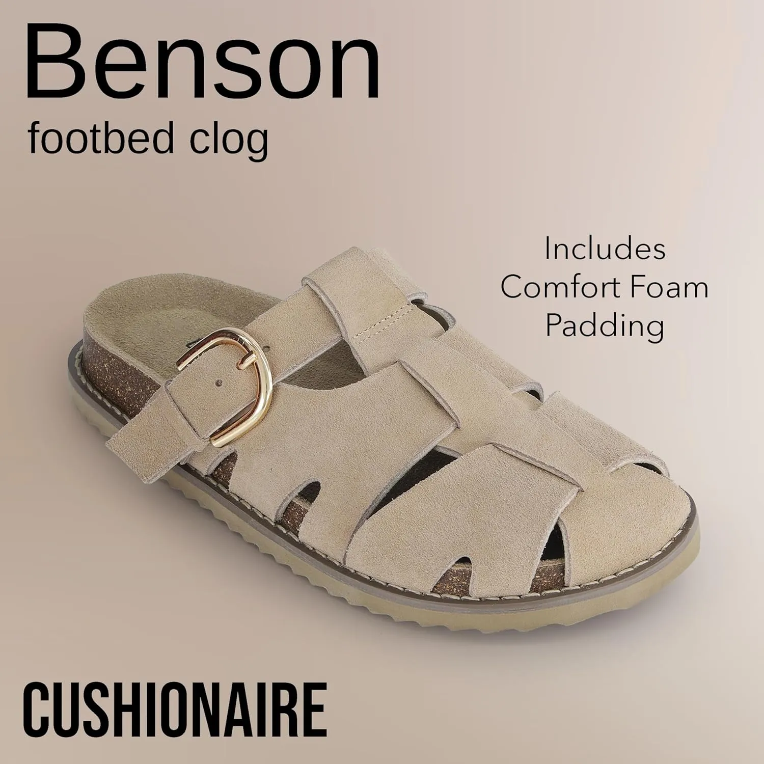 CUSHIONAIRE Benson Women’s Fisherman Clog – Suede Slip-On Sandal with Adjustable Buckle & Contoured Cork Footbed