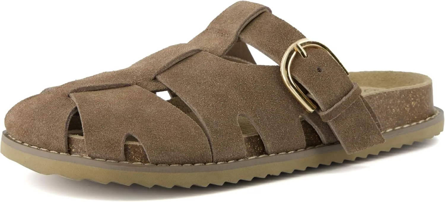CUSHIONAIRE Benson Women’s Fisherman Clog – Suede Slip-On Sandal with Adjustable Buckle & Contoured Cork Footbed