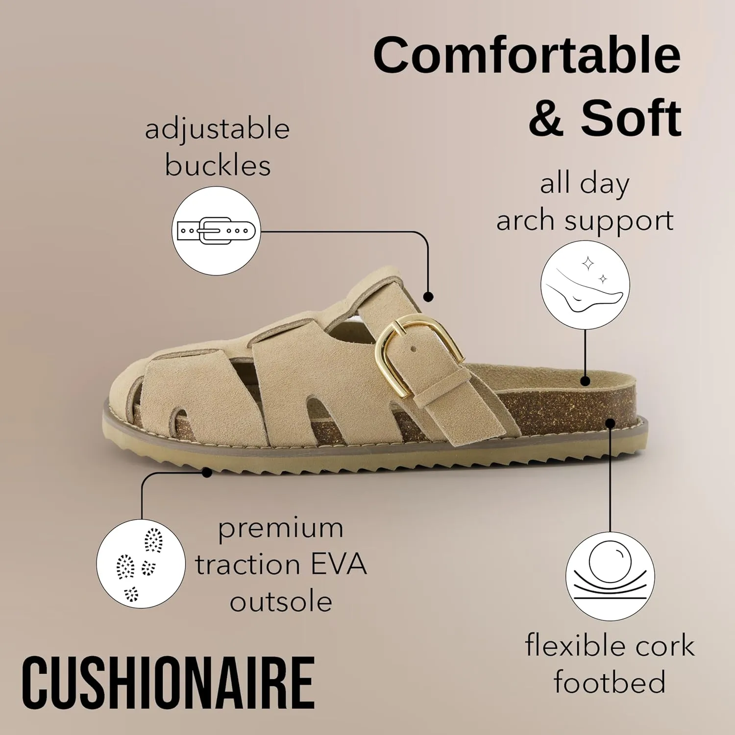 CUSHIONAIRE Benson Women’s Fisherman Clog – Suede Slip-On Sandal with Adjustable Buckle & Contoured Cork Footbed