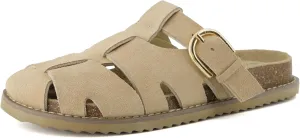 CUSHIONAIRE Benson Women’s Fisherman Clog – Suede Slip-On Sandal with Adjustable Buckle & Contoured Cork Footbed
