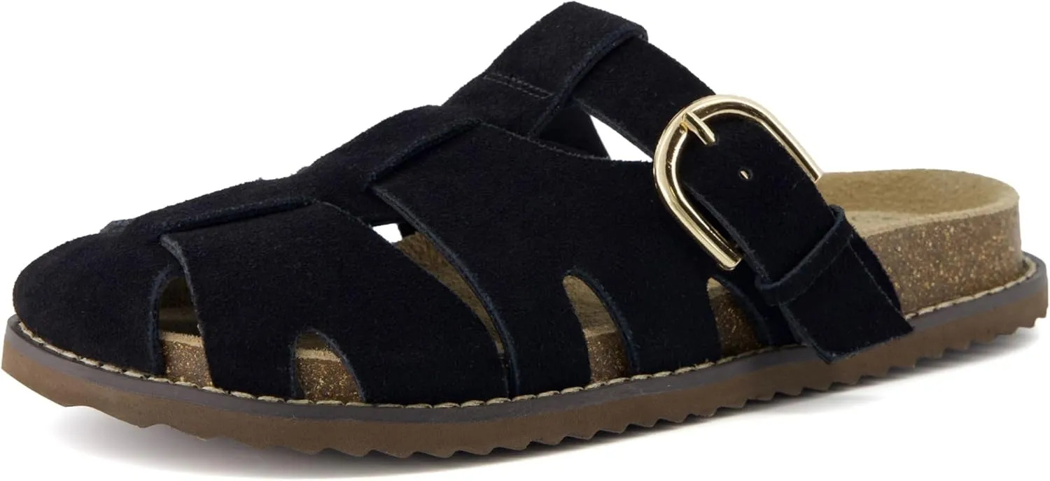 CUSHIONAIRE Benson Women’s Fisherman Clog – Suede Slip-On Sandal with Adjustable Buckle & Contoured Cork Footbed
