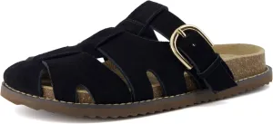 CUSHIONAIRE Benson Women’s Fisherman Clog – Suede Slip-On Sandal with Adjustable Buckle & Contoured Cork Footbed