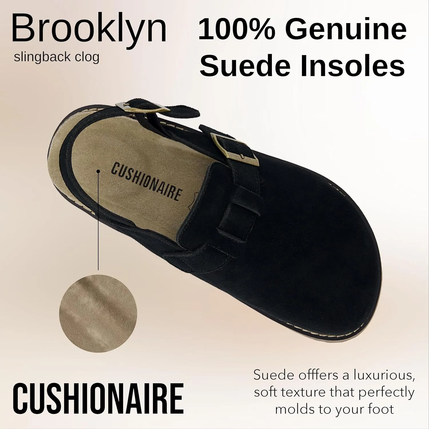 CUSHIONAIRE Brooklyn Women's Suede Clogs - Adjustable Slingback Clog Sandal with Buckle, Memory Foam, Wide Widths
