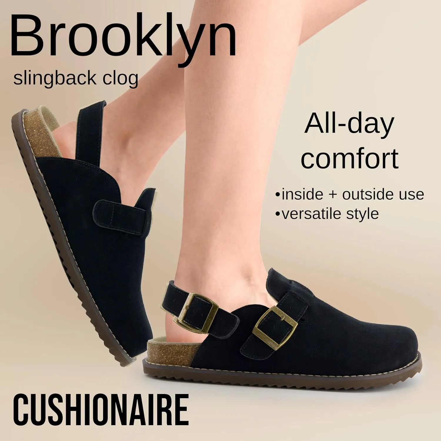 CUSHIONAIRE Brooklyn Women's Suede Clogs - Adjustable Slingback Clog Sandal with Buckle, Memory Foam, Wide Widths