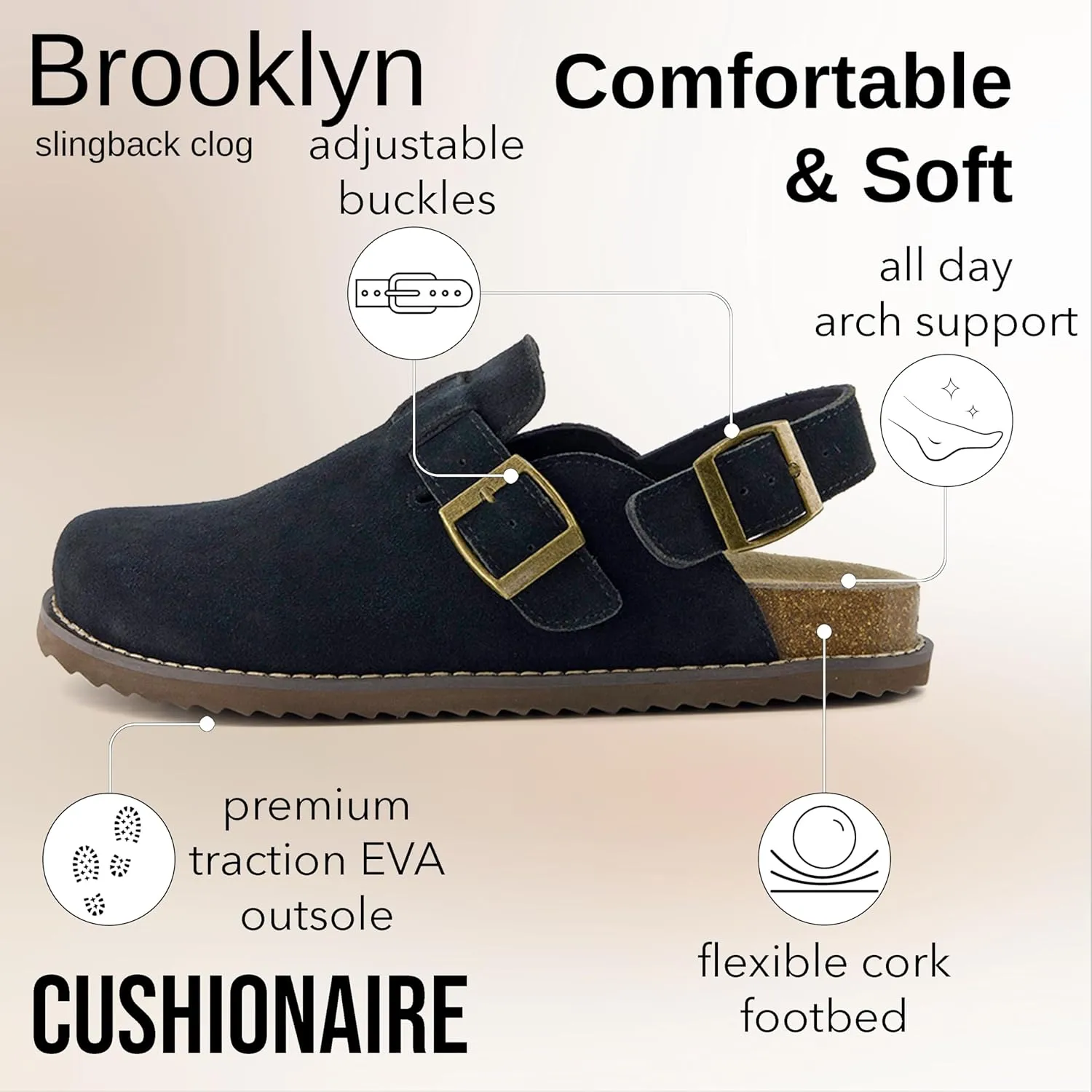 CUSHIONAIRE Brooklyn Women's Suede Clogs - Adjustable Slingback Clog Sandal with Buckle, Memory Foam, Wide Widths