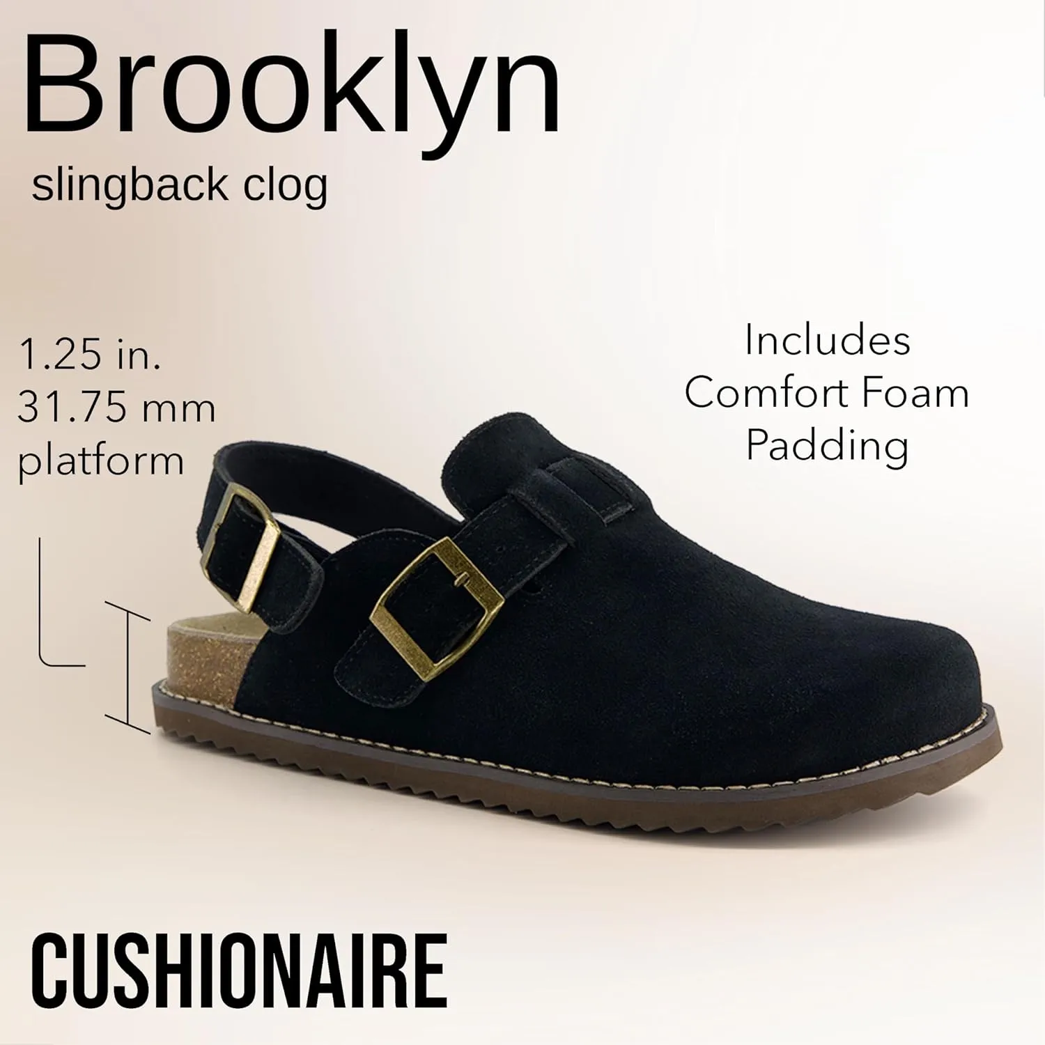 CUSHIONAIRE Brooklyn Women's Suede Clogs - Adjustable Slingback Clog Sandal with Buckle, Memory Foam, Wide Widths