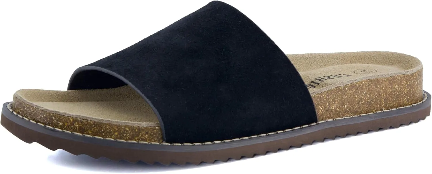 CUSHIONAIRE Ritual Women’s Slide Sandal – Suede Slip-On with Cork Footbed, Contoured Insole & Flexible Lightweight Outsole