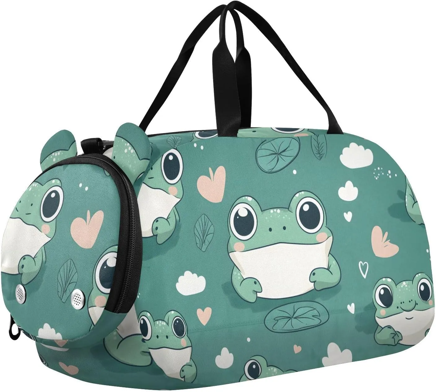 Cute Frogs with Hearts Youth Sports Duffel Bag with Ventilated Shoe Compartment|All-Season Lightweight Travel Gym Bag for Girls & Boys|Water-Resistant Gear Bag