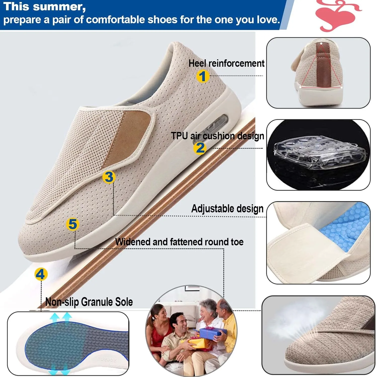 Diabetic Shoes Width Shoe for Elderly Women,Adjustable Closure Breathable Lightweight Width Non Slip Air Cushion Sneakers for Swollen Feet Edema Men 8/Women 9.5