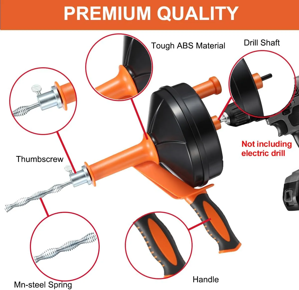 Drain Auger, Clog Remover with Drill Adapter, 25 Feet Flexible Plumbing Snake Use Manually or Powered for Kitchen,Bathrom and Shower Sink, Comes with Gloves (orange)