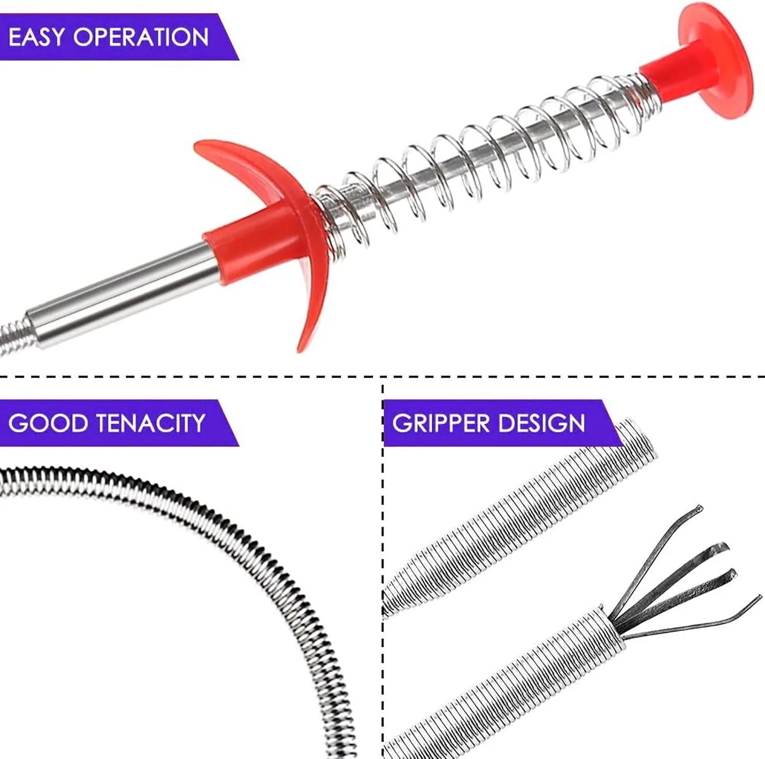 Drain Snake, Drain Clog Remover - Gutter Cleaning Tools Drain Cleaner for Toilet Sewer Shower Kitchen Bathroom Tub Clogged Drains Opener Cleaning Tool, Flexible Grabber Claw Pick Up Reacher (63 inch)