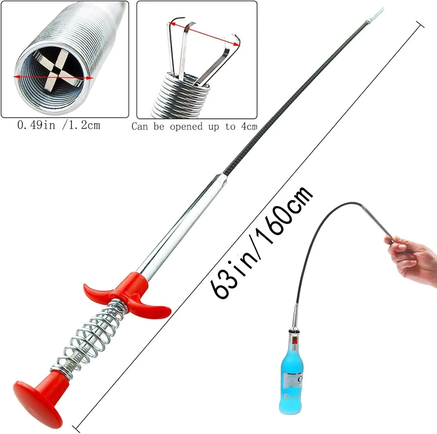 Drain Snake, Drain Clog Remover - Gutter Cleaning Tools Drain Cleaner for Toilet Sewer Shower Kitchen Bathroom Tub Clogged Drains Opener Cleaning Tool, Flexible Grabber Claw Pick Up Reacher (63 inch)