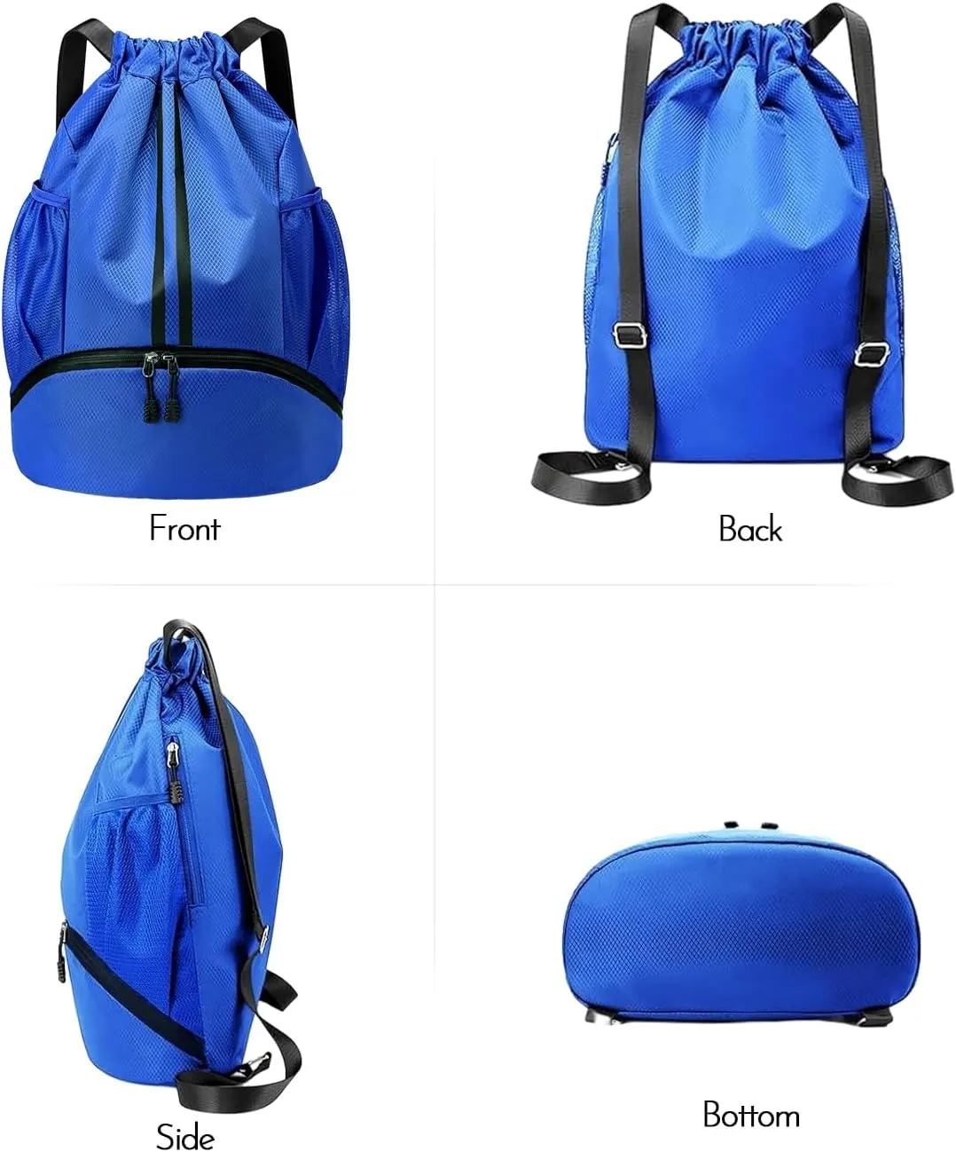 Drawstring Backpack Sports Gym Bag with Shoes Compartment, Waterproof Pocket and Water Bottle Holder for Women Men (Blue)