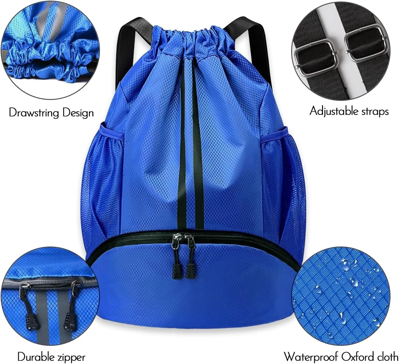 Drawstring Backpack Sports Gym Bag with Shoes Compartment, Waterproof Pocket and Water Bottle Holder for Women Men (Blue)