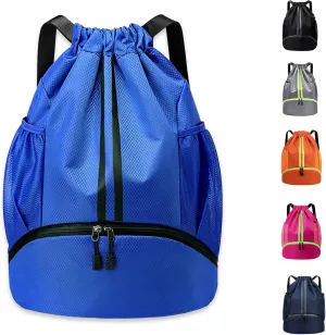 Drawstring Backpack Sports Gym Bag with Shoes Compartment, Waterproof Pocket and Water Bottle Holder for Women Men (Blue)