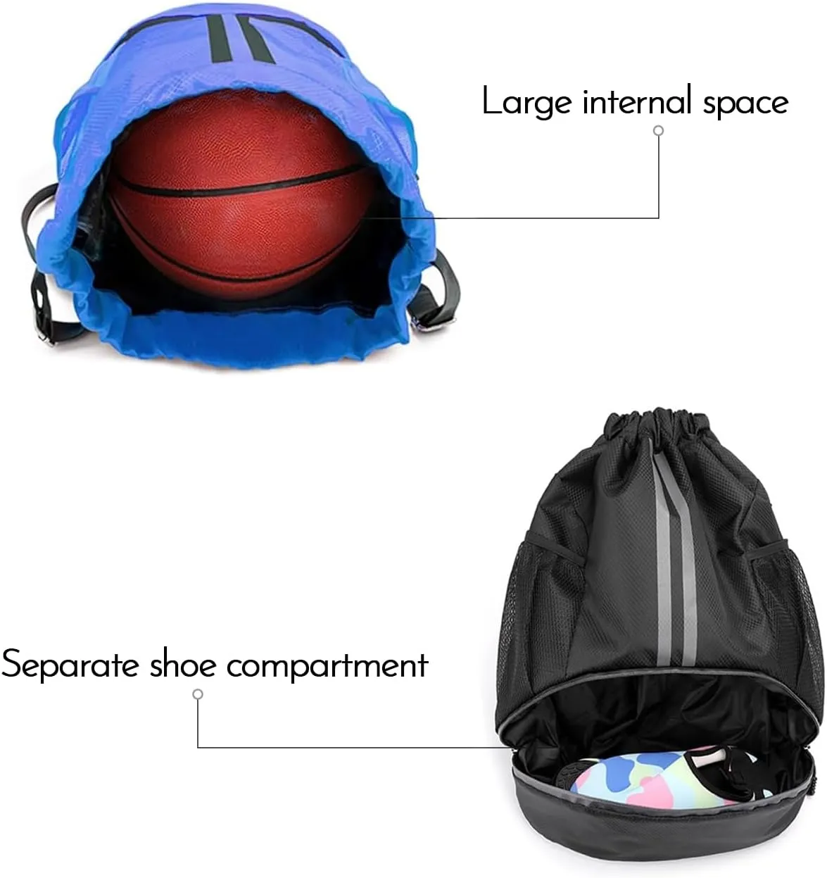 Drawstring Backpack Sports Gym Bag with Shoes Compartment, Waterproof Pocket and Water Bottle Holder for Women Men (Blue)