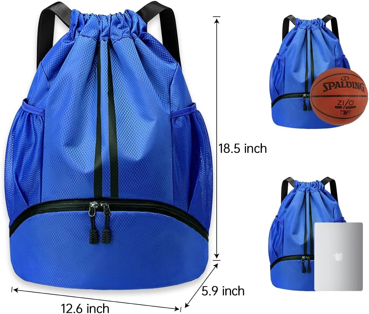 Drawstring Backpack Sports Gym Bag with Shoes Compartment, Waterproof Pocket and Water Bottle Holder for Women Men (Blue)
