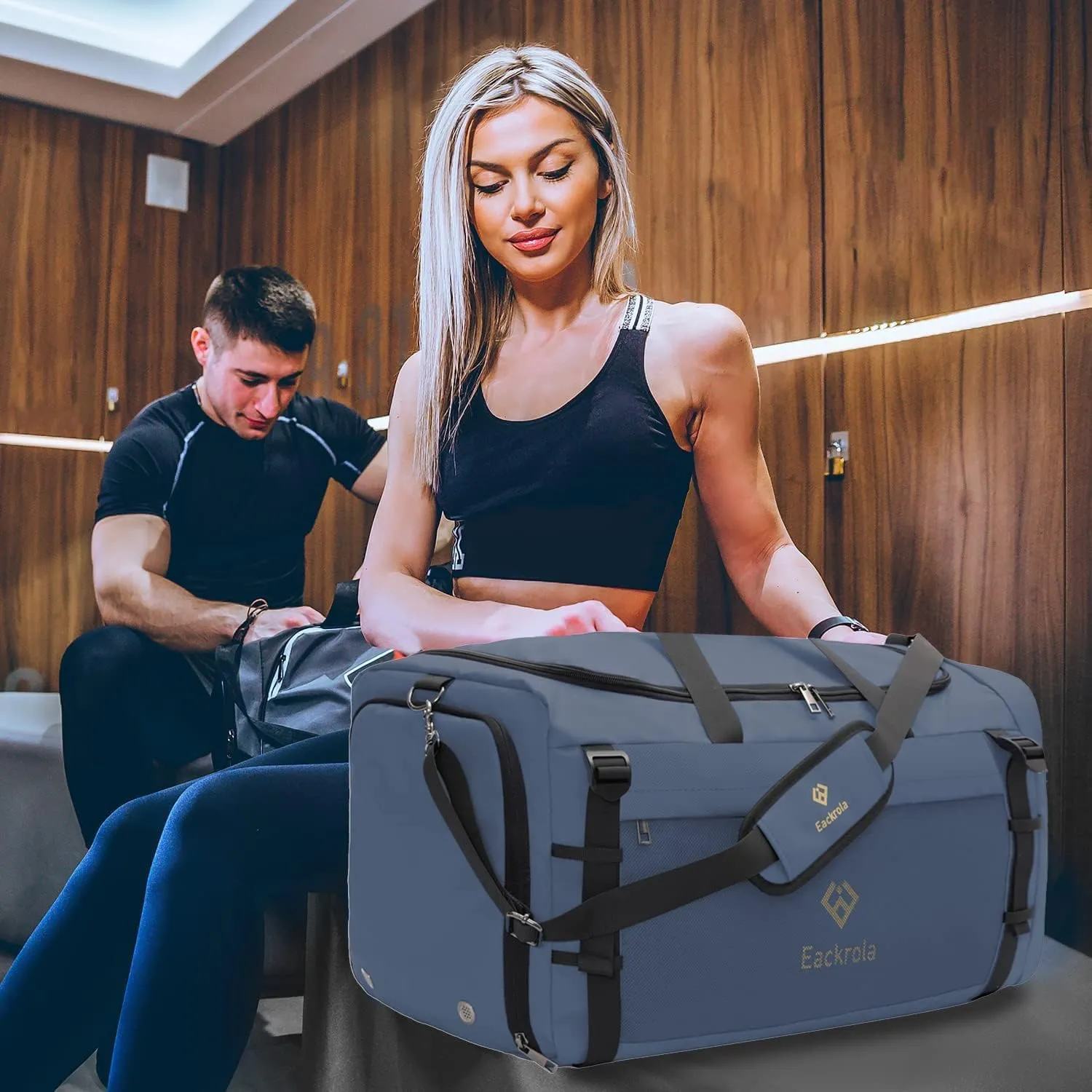 Eackrola Extra Large Sports Gym Bag, Travel Duffel bag with Wet Pocket & Shoes Compartment for men women, 85L, Lightweight （Haze Blue）