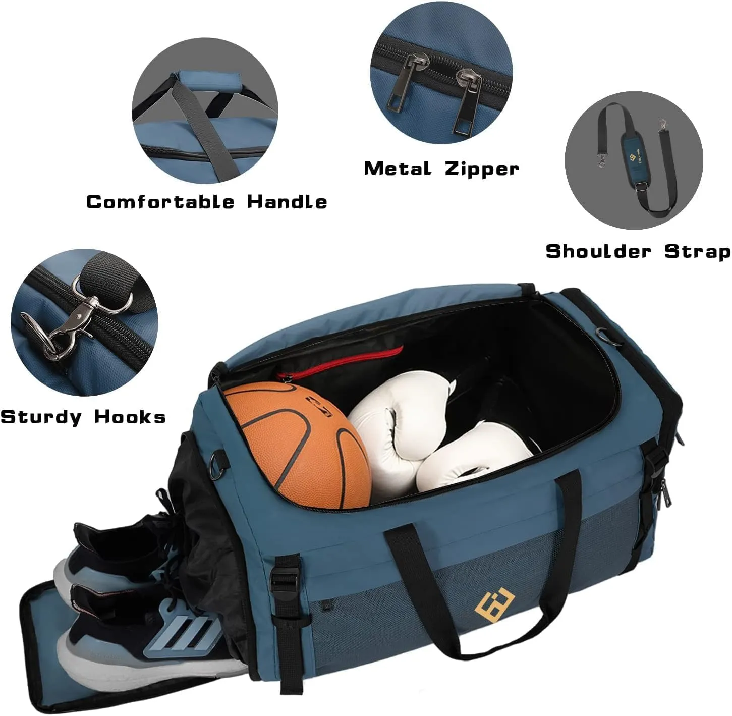 Eackrola Extra Large Sports Gym Bag, Travel Duffel bag with Wet Pocket & Shoes Compartment for men women, 85L, Lightweight （Haze Blue）
