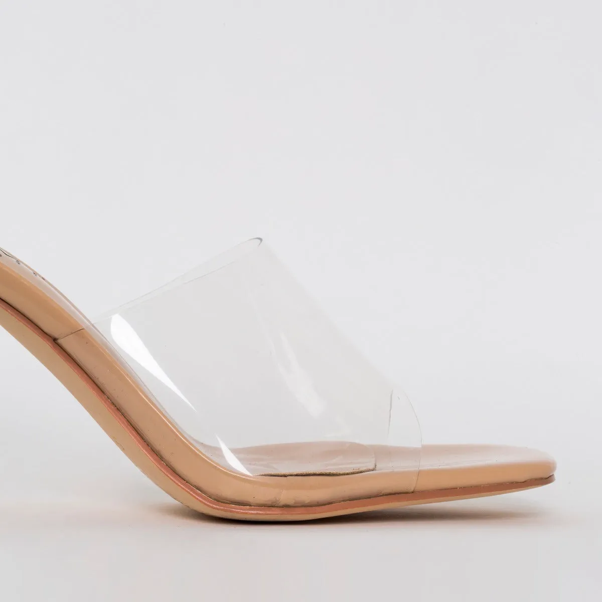 Elise Nude Patent Clear Mid Heel Mules
