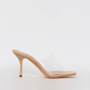 Elise Nude Patent Clear Mid Heel Mules