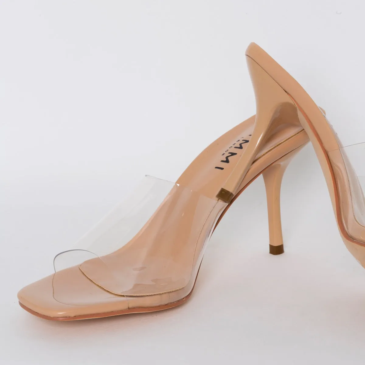 Elise Nude Patent Clear Mid Heel Mules